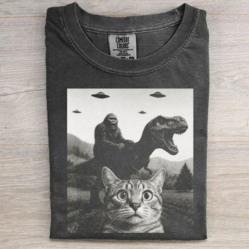 Cat Selfie With Bigfoot Riding T-Rex Ufo T-Shirt